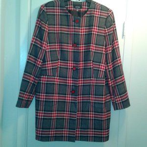 RED, GRAY PLAID, 4 BUTTONS, SIDE POCKETS, LONG SLEEVE, LINED, COAT, LADIES 14